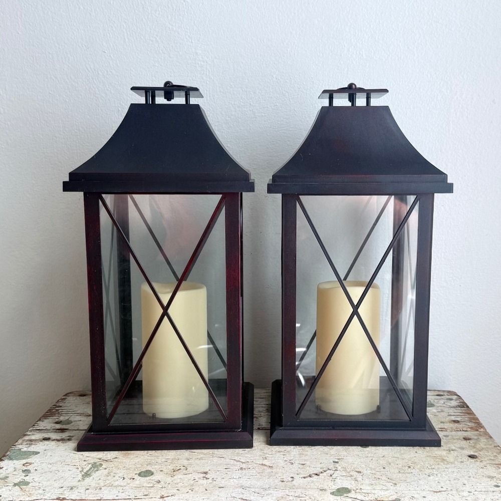 15" Antique Copper Candle Lantern Set of 2 Flameless Candle Holders CSG